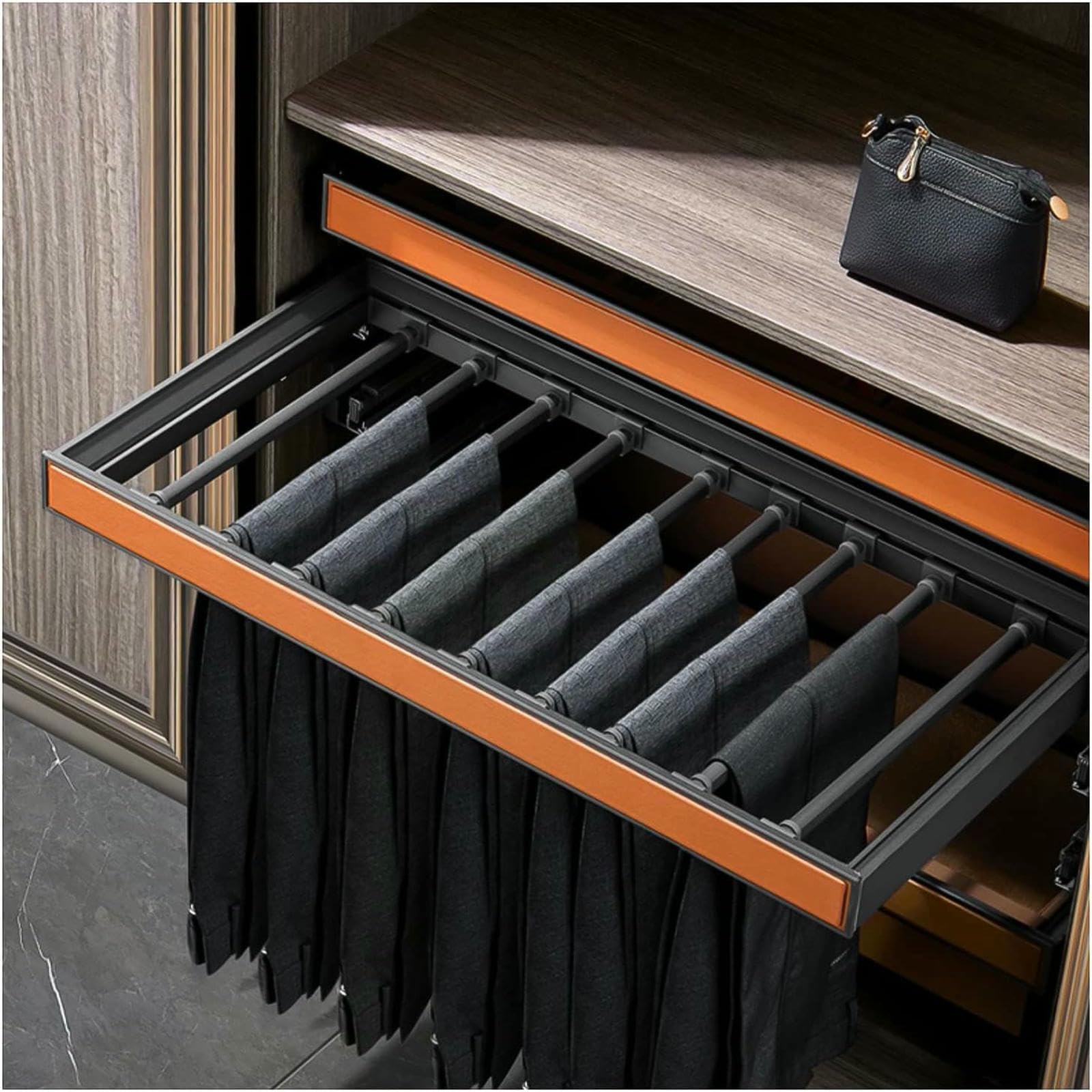 Porte-pantalons télescopique pour armoire dressing à largeur réglable et avec rail coulissant