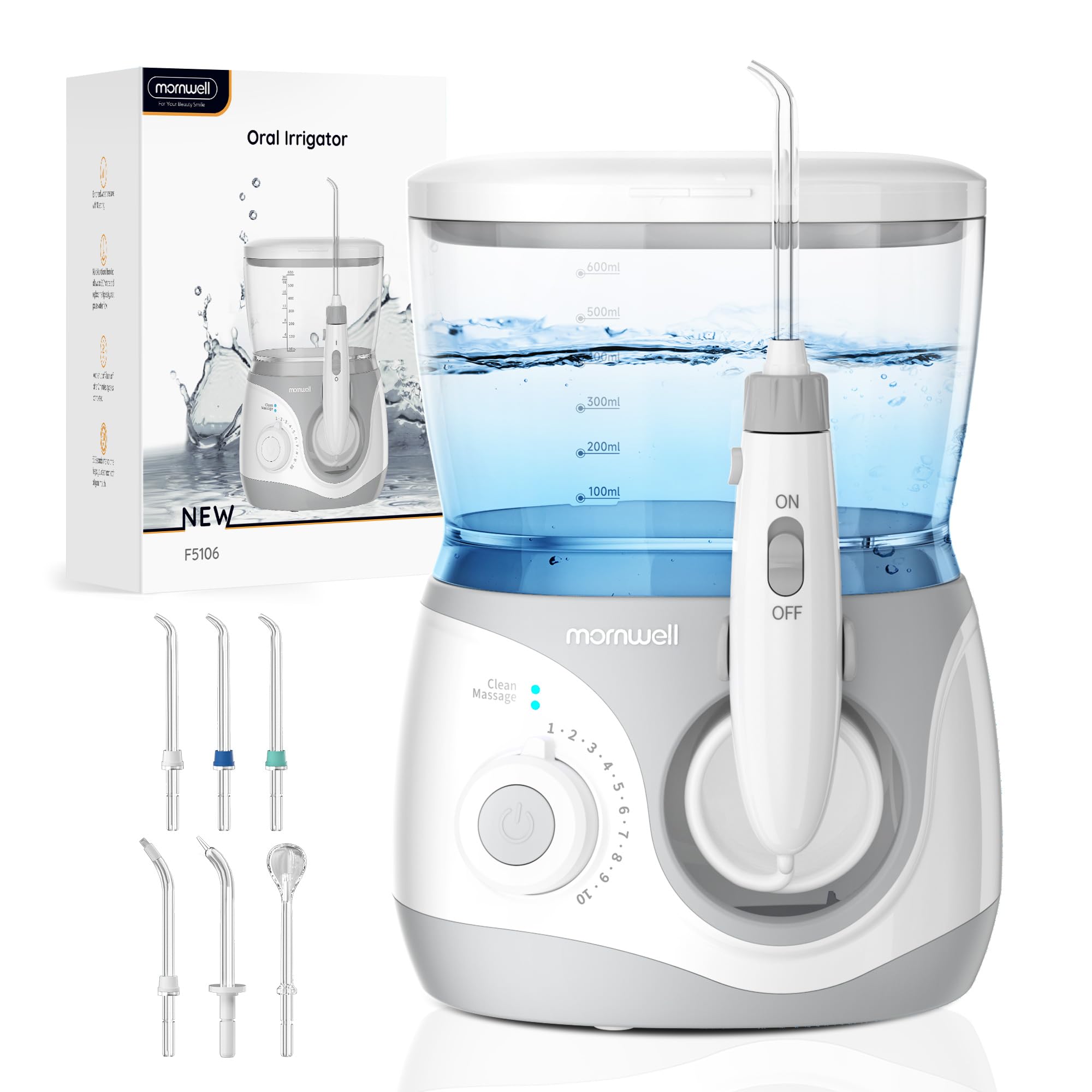 Mornwell Idropulsore Dentale Professionale Elettrico con 10 Livelli di Pressione, 6 Ugelli, 2 Modalità & Serbatoio 600ml, con Timer Integrato (Large A)