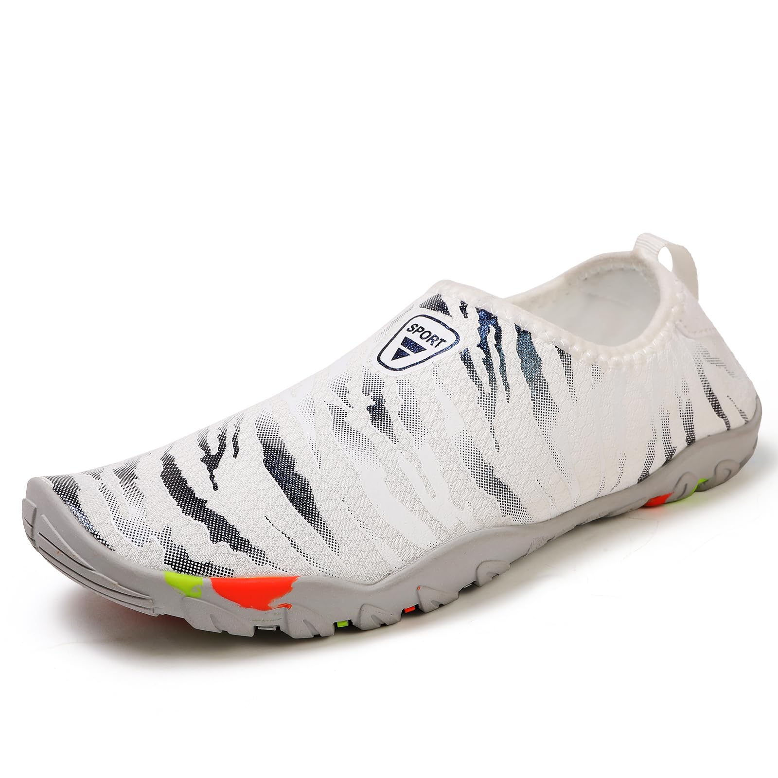 Dacnakby Water Shoes Slip-On Swimming Beach Shoes with Zebra Pattern Barefoot Yoga Travel Camping Kayak Boat Quick-Dry Non Slip Adult Youth Hiking Shoes (White/Gray, Adult, Men, 10, Numeric, US Footwear Size System, Medium)