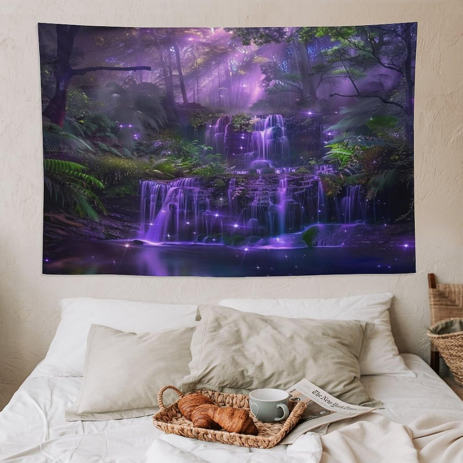 HZOHNAGO Forest Tapestry Fantasy Nature Purple Fireflies Waterfall Pattern Printed Wall Tapestry Wall Hanging for Bedroom Living Room Dorm 90" L x 60" W