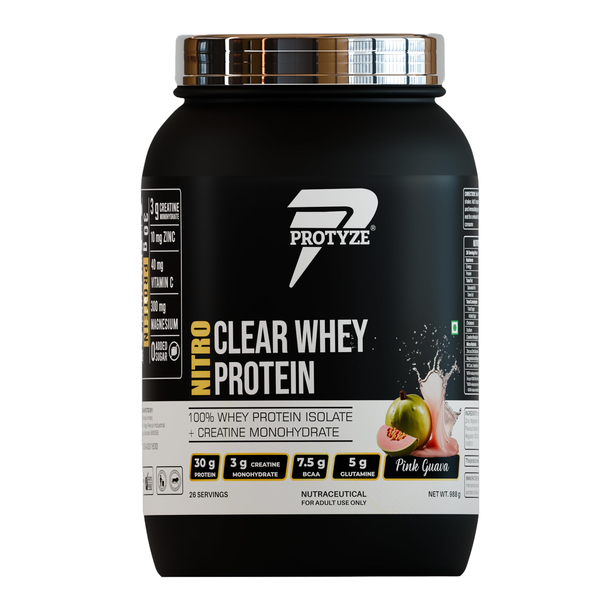 [BRSREGD3A4FQ2CT2] Protyze Nitro Clear Whey Protein (Pink Guava Flavour) | 26 Servings | 30g Protein with 3g Creatine Monohydrate per scoop | Strong Muscle Growth & Recovery