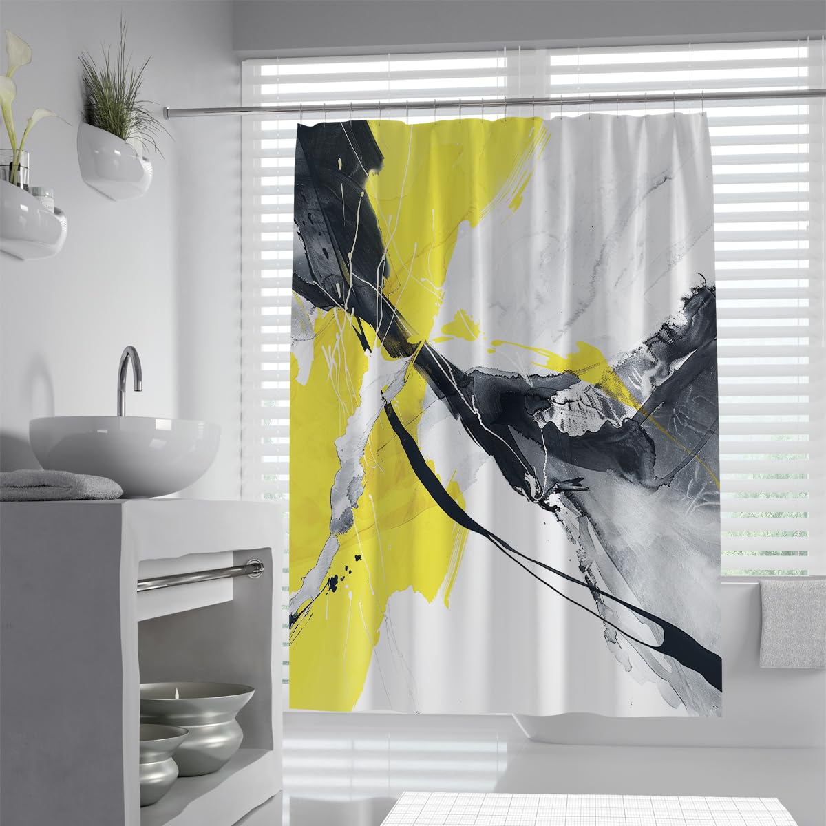 UIRINGART Contemporary Shower Curtains W150xL200cm Yellow Black Grey Splatter Ink Abstract Pattern Mildew Mould Resistant Waterproof Fabric Bathroom Wet Rooms