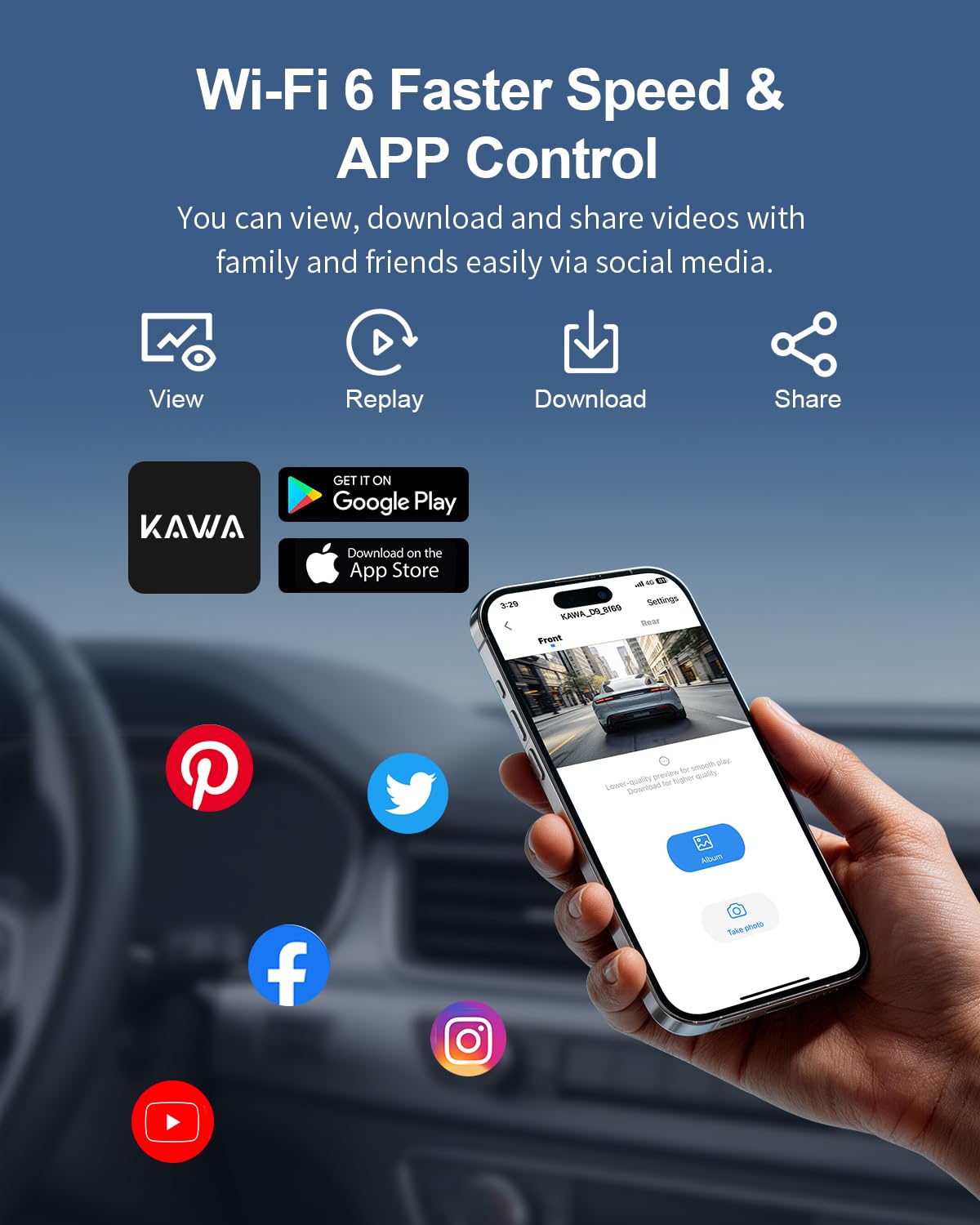 KAWA Nueva Dash CAM Dual 4K Delantera + 1080P Trasera, GPS, WiFi 6, Control por Voz, CPL, 2K HDR, NightEagle Visión Nocturna, Modo de Aparcamiento, Cámara Dual para Coche