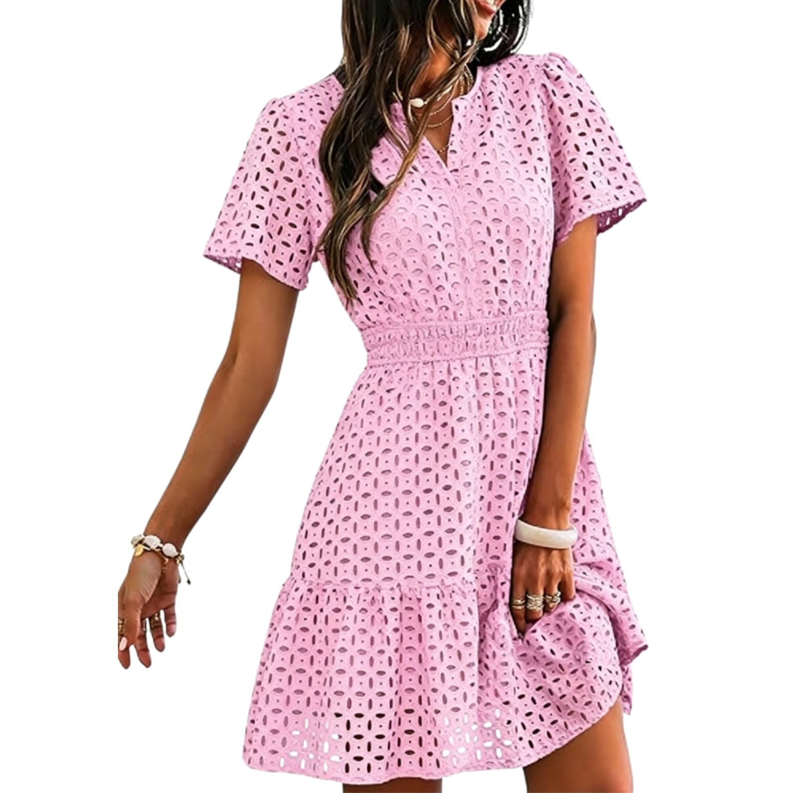 Vestido Corto con Escote en V, inserción de Encaje, Volantes y Mangas Cortas, Corte en línea Verano, la Playa y Las Fiestas.