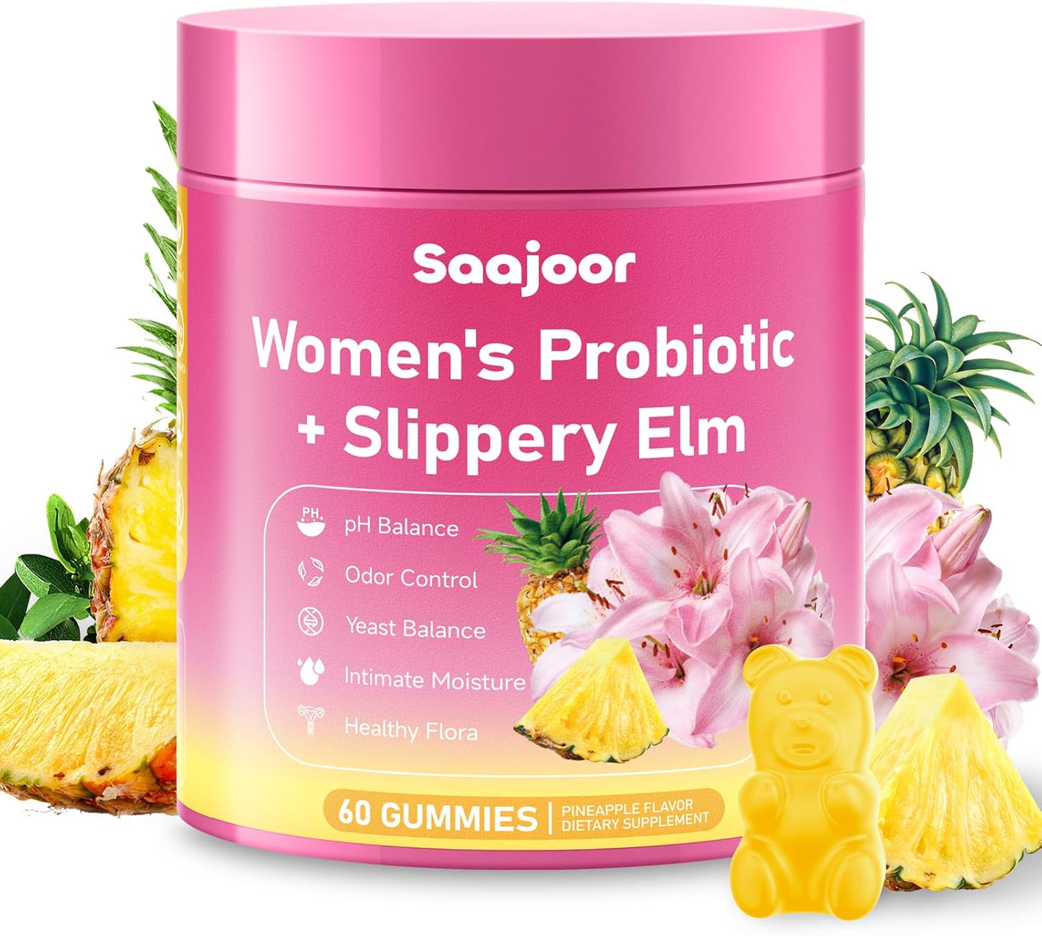Women Probiotic Slippery Elm Gummies - Supports pH Balance, Digestive & Immune Health, Natural Pineapple Flavor, 60 Count