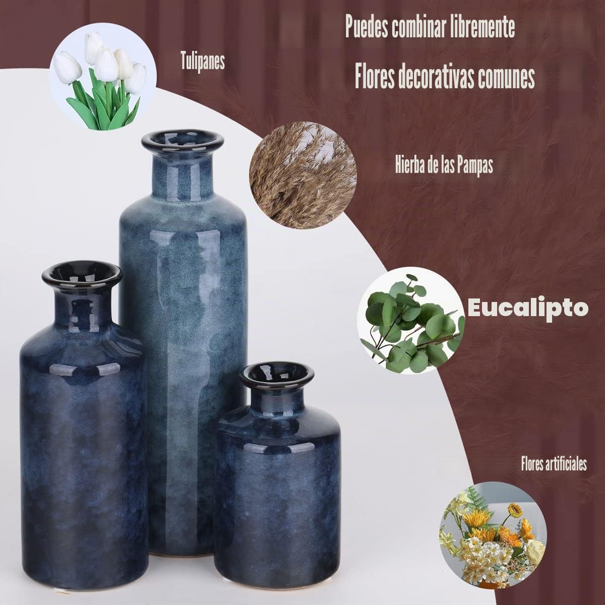 Juego de jarrones de cerámica azul, 3 jarrones pequeños azules, jarrón de flores de campo para decoración del hogar, decoración de sala de estar, decoración de mesa, decoración de chimenea y