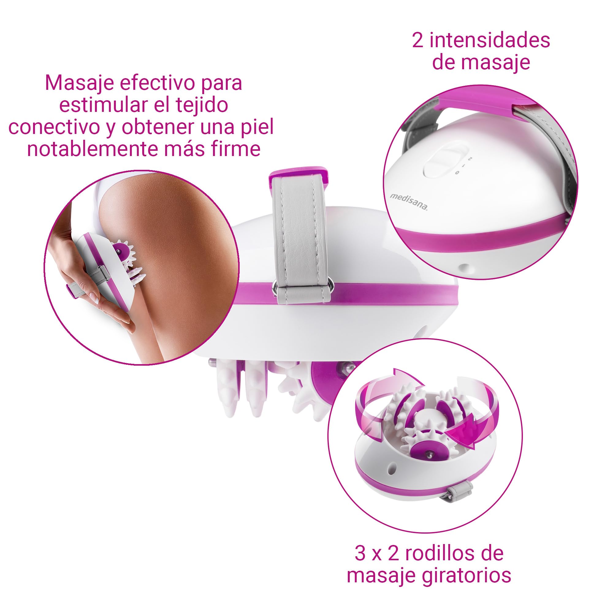 medisana AC 850 Masajeador para celulitis para una piel más firme, auto-masaje con 6 rodillos de masaje rotativos y 2 intensidades, 1a generación