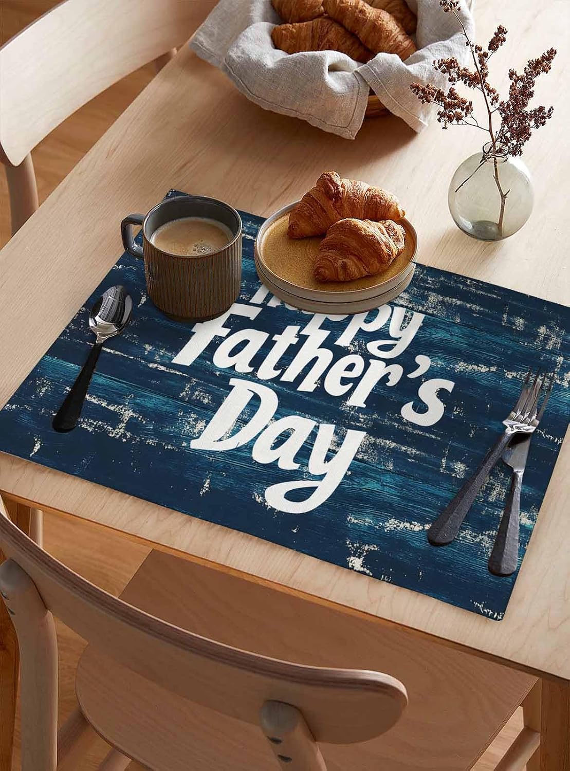 Placemats Happy Father's Day Table Mats Set of 12,Washable Heat Tolerant Abstract Shabby Wood Placemats for Indoor Kitchen Dining, Outdoor Party Dinner,13x19IN