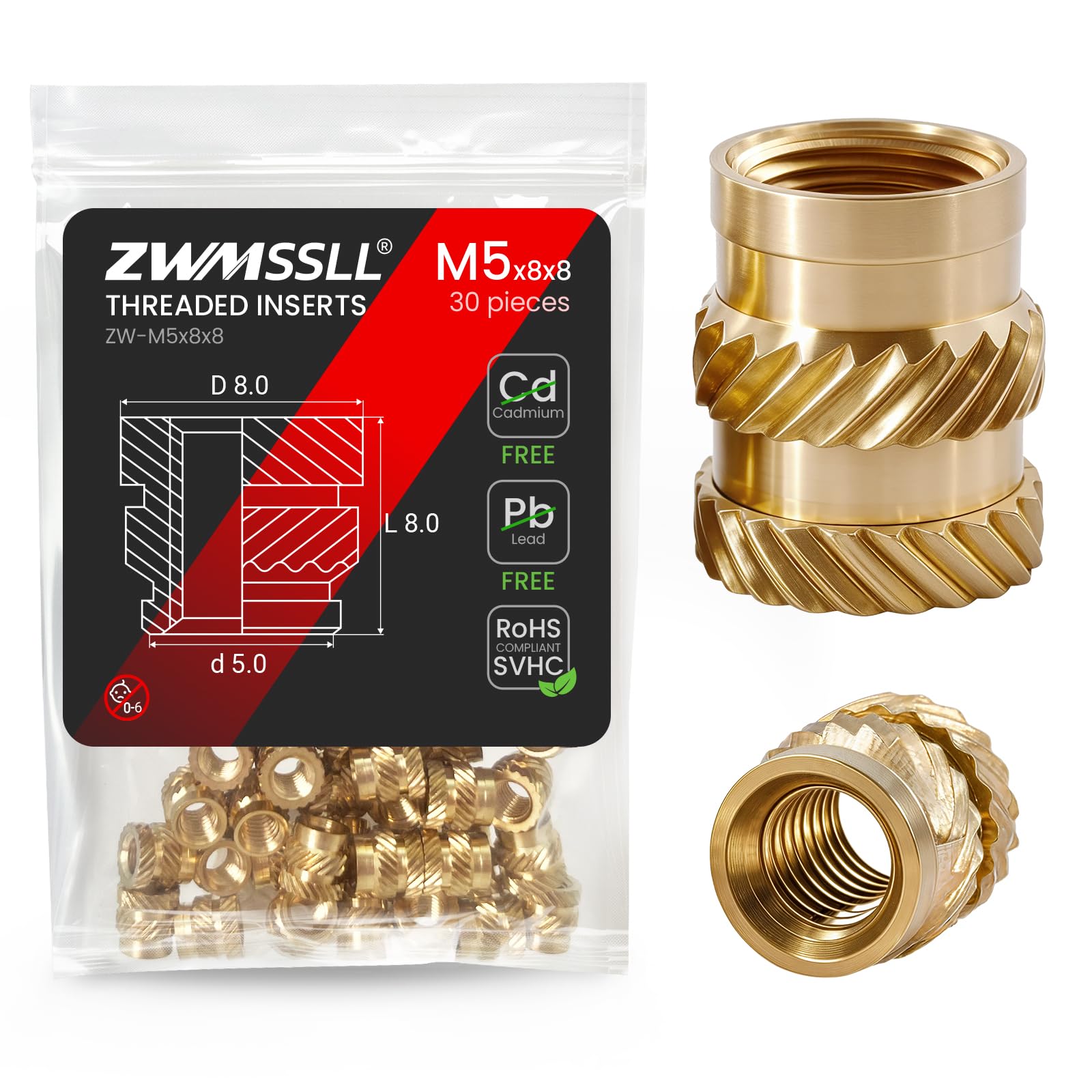 ZWMSSLL Heat-Set Threaded Inserts, M5x8x8mm Heat Set Insert for 3D Printing Components and Plastic Parts(30Pieces),Brass Metric Knurled Nuts — image 1