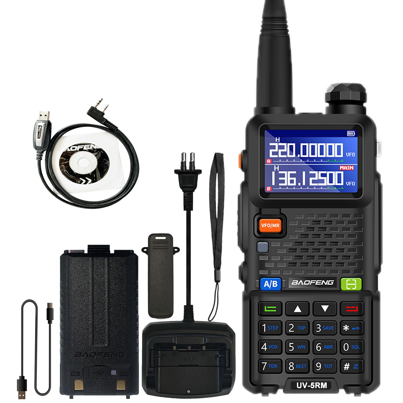 BAOFENG UV-5RM Walkie Talkie Multi-Band Long Range Handheld Transceiver NOAA USB-C Charging Upgrade of UV-5R Wireless Air Band 1.77in LCD Screen with Programming Cable