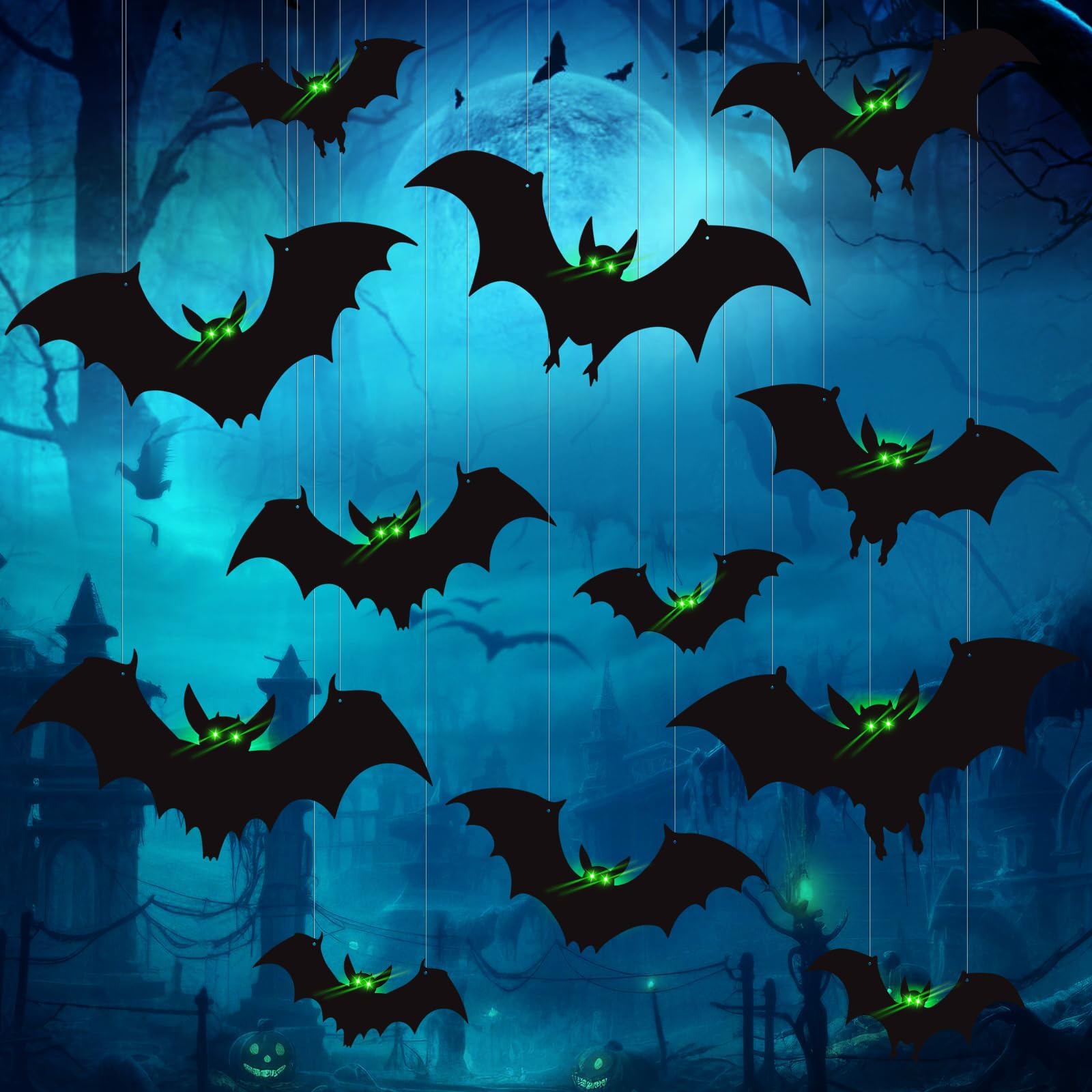 12 Pcs Halloween Decorations Outdoor Hanging Bats Glow in Dark Eyes,Large Flying Halloween Home Decor 3 Different Sizes,Window Party Decorations For Hanging In The Tree, Porch, Yard