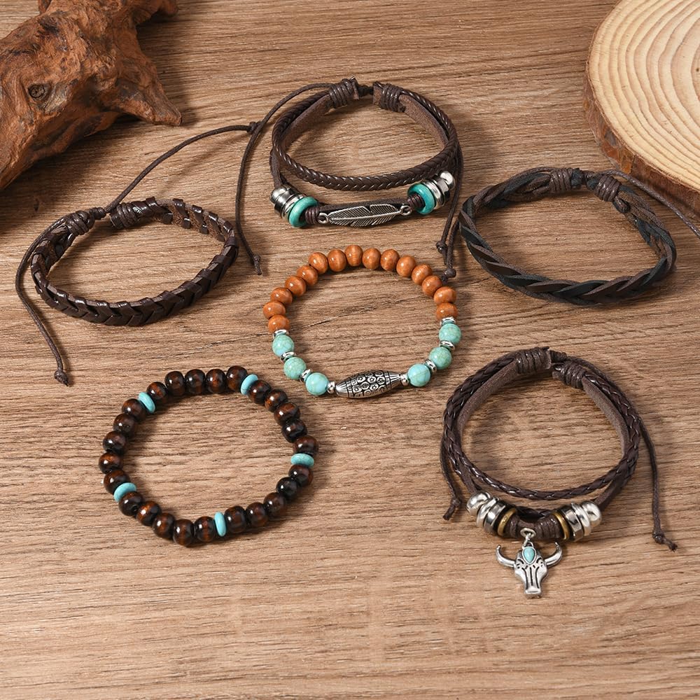 Turquoise Western Bracelets for Women Turquoise Beaded Stretch Bracelets Vintage Stackable Leather Bracelet Country Cowboy Outfit Accessories - Image 5