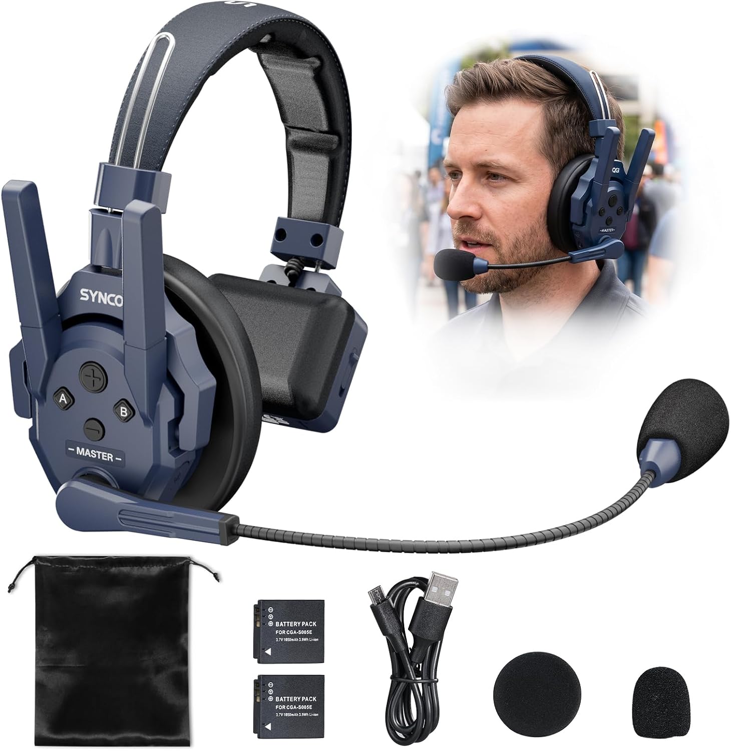 SYNCO XTALK Master 1 Users Wireless Intercom Headset, 500m/1640ft Range ENC 2.0 Noise Reduction 2.4GHz Full Duplex Communication Headsets App 15H Battery Life