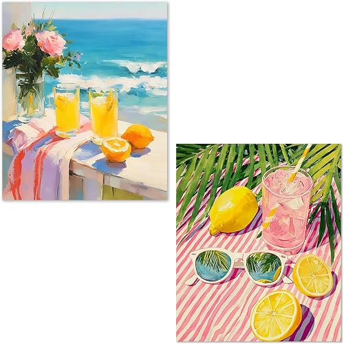 XUNLURY Summer Lemon Cocktail Diamond Art Kits 2 Pcs, Amalfi Coast Lemon Coastal Beach Diamond Painting Kits for Adults Beginners, Full Drill Diamonds Dots for Home Decor, 9.8x11.8 Inch