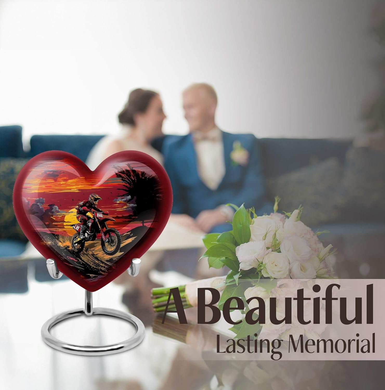 Motorcycle Biker Cremation Urns – Combo of 5 with 8 Inch Heart Ash Holder for Dad & Adult Female and 3 Inch Sunset Keepsake Urns for Mom, Men & Women – Funeral Memorial Ash Containers