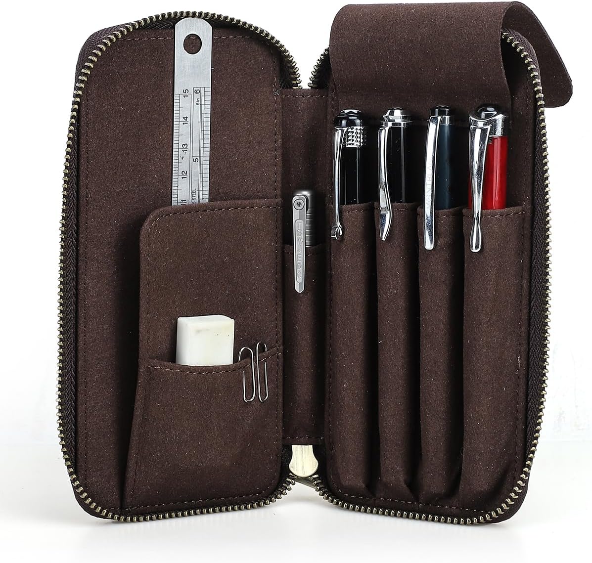 CONTACTS Full Grain Crazy Horse Leather Pencil Case Handmade Vintage Zipper Pen Holder Pouch with Card Slot Pens Organizer Pockets Stationery Bag for Men