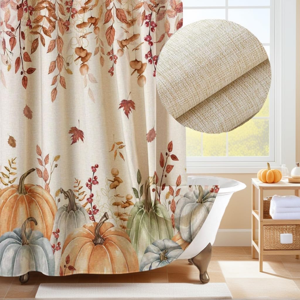 Fall Pumpkins Leaves Linen Shower Curtain Yellow Orange Watercolor Eucalyptus Leaves Fabric Shower Curtain Set with Hooks, Autumn Thanksgiving Harvest Shower Curtains for Bathroom, Bath Curtain 71x84"