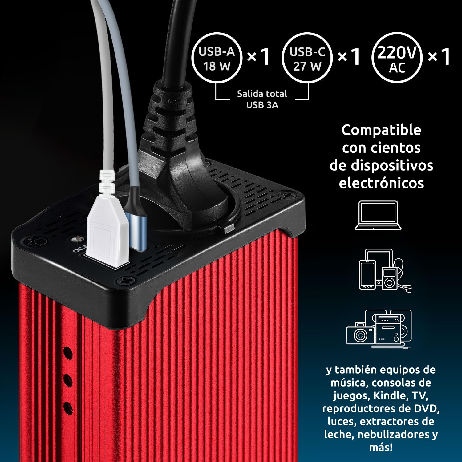 Odoga inversor 12v a 220v 300W para Coche, Convertidor con USB-C y USB-A - Adaptador Mechero Coche a Enchufe - Cargue Sus Dispositivos Electrónicos en Autocaravanas, Camper Furgoneta