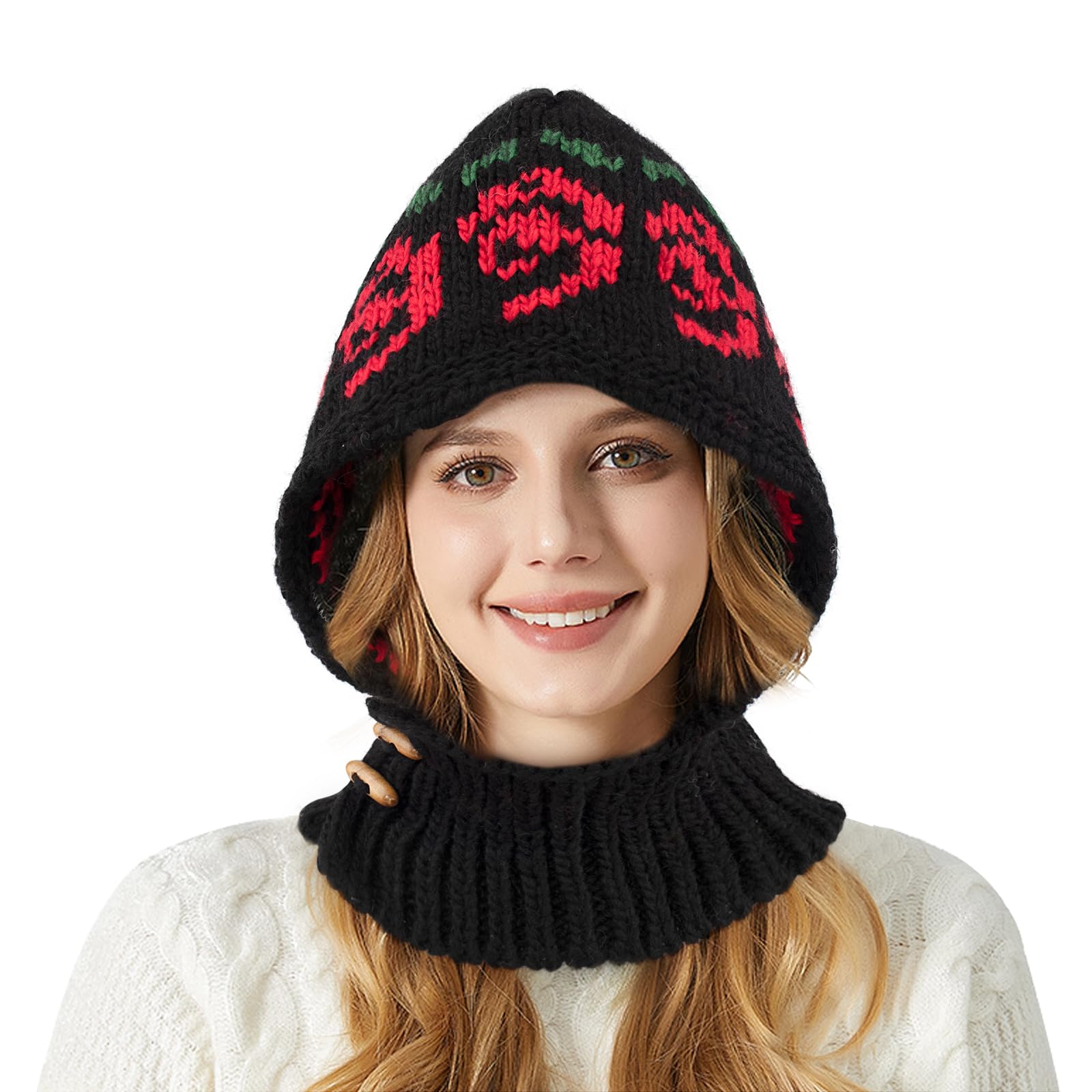 Peicees Hooded Scarf Hat Knitted Balaclava for Women Fashion Pattern Beanie Hat Neck Gaiters for Winter Warm