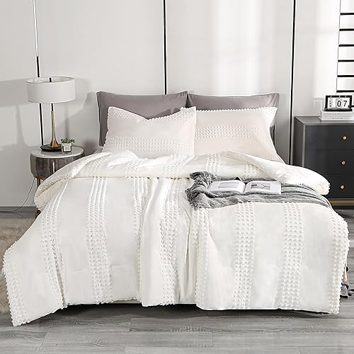 ENJOHOS Juego de ropa de cama de tamaño matrimonial para niñas, color blanco, edredón bohemio de 3 piezas con puntos copetudos, edredón de ropa de