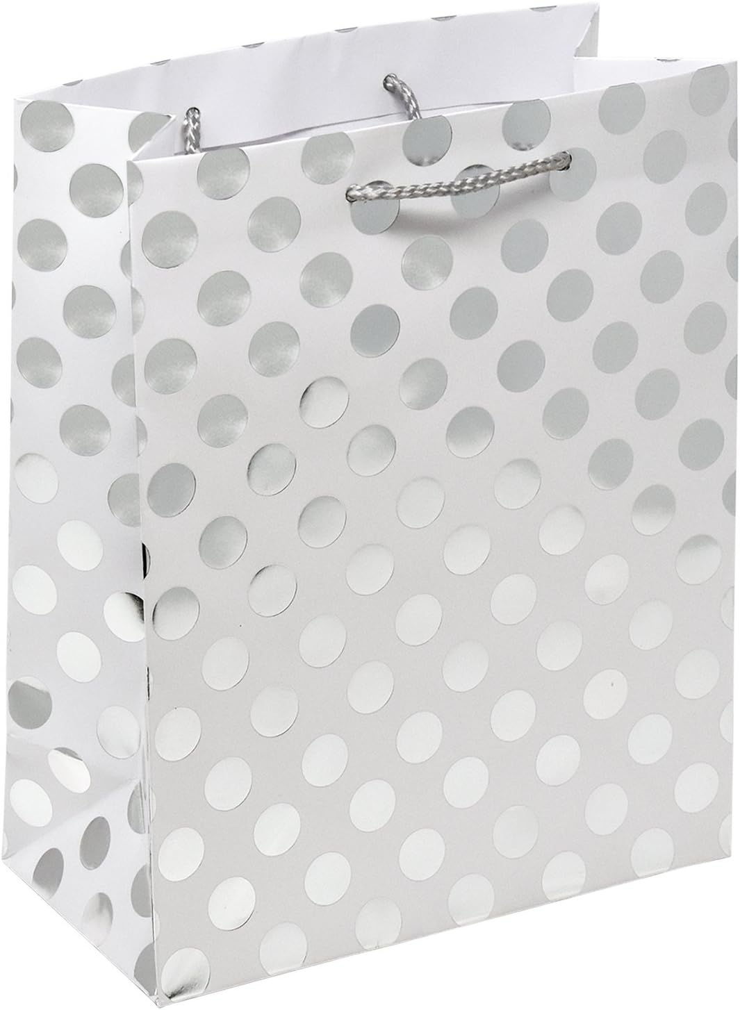 12 Metallic Silver Gift Bags Medium Sized with Rope Handle Polka Dots, Stripes and Chevron Exquisite Designs for Bridesmaid Wedding Christmas Holiday Birthday