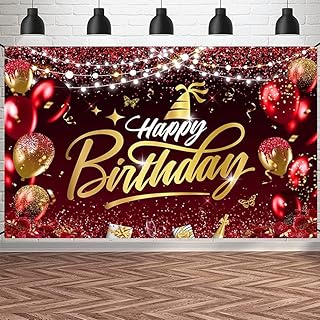 Red and Gold Happy Birthday Backdrop Banner Birthday Party Banner Decorations Backdrop Birthday Indoor Outdoor Party Celebration Background
