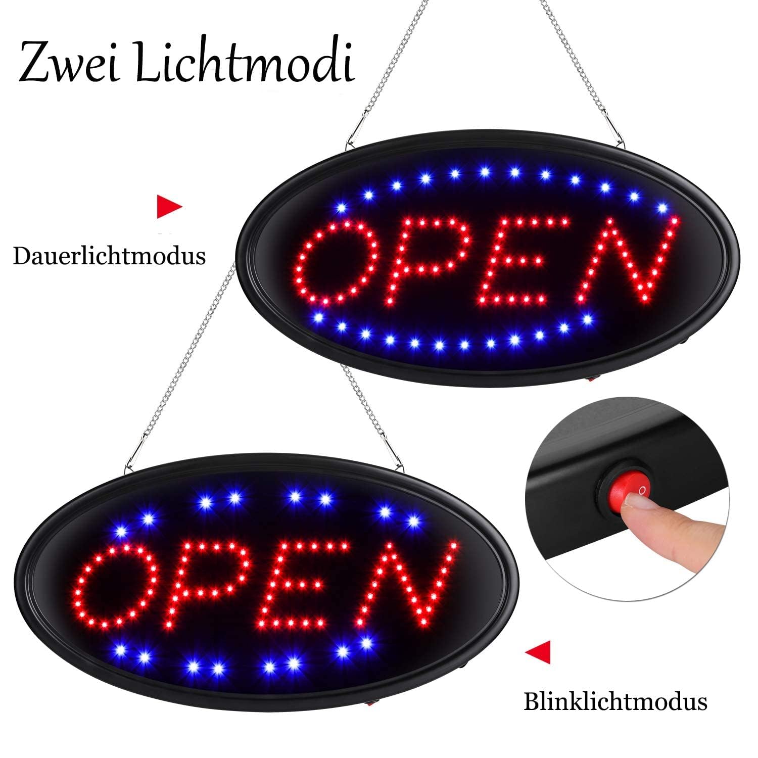 FITNATE LED Open Schild, 48x25cm OPEN Werbung mit 2 Lichtmodi | EU-Stecker, für Bar/Store/Zimmerwand usw, Festival, Party (Rot&Blau)