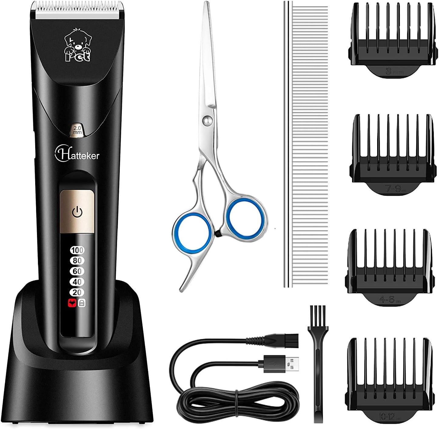 Hatteker Dog Clippers Professional Pet Grooming Kit Low Noise Cordless Waterproof Cat Hair Trimmer with Comb Guides Scissors