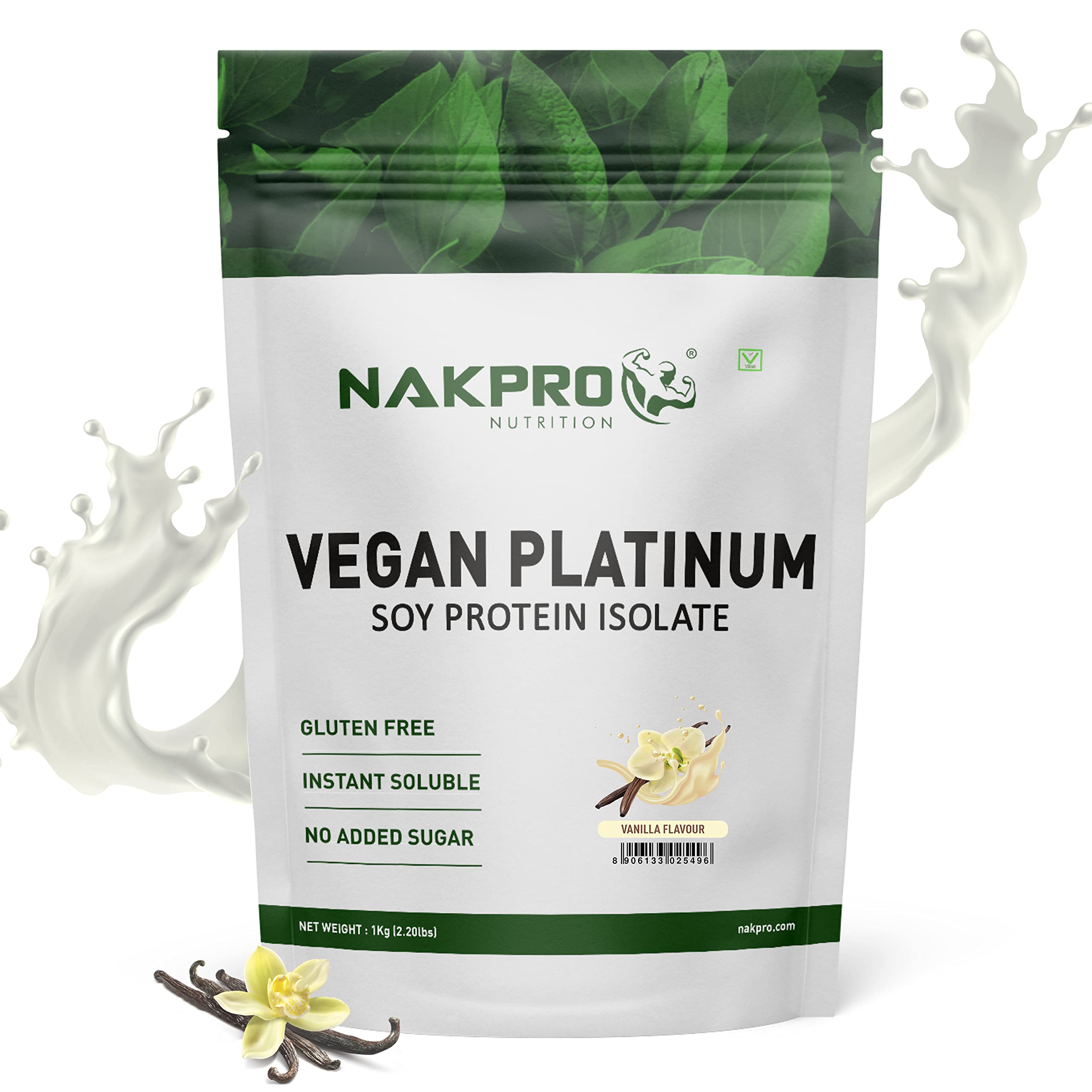 NAKPRO 100% Soy Protein Isolate, Vanilla - 1kg | 25.3g Protein, 4.6g BCAA | Natural Vegan Plant Protein Powder | Easy To Digest | All Essential Amino Acids for Muscle Gain and Recovery