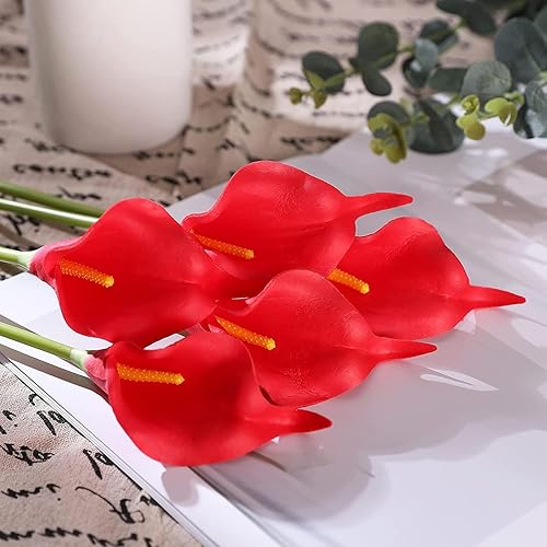 Miniatura 7 de Houda Ramo de flores artificiales de imitación para decoración de fiesta, ramo de flores de poliuretano de tacto real (rojo, 10 unidades)