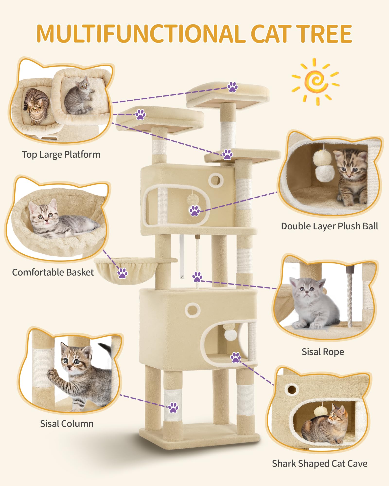 Hzuaneri 180 cm Cat Tree for Indoor Cats, Cat Tower, Multi-Level