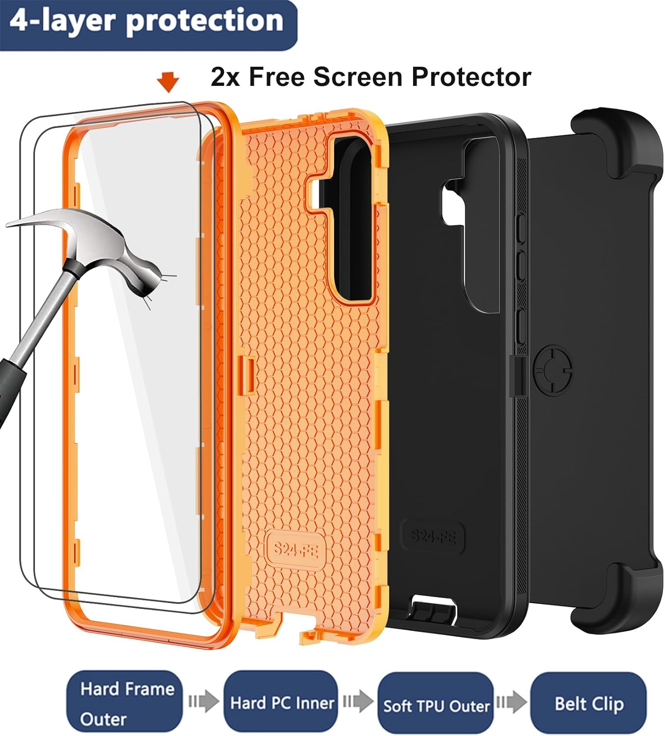 RubCase for Samsung Galaxy S24 FE Case with Belt Clip Holster, 2 x Screen Protector, Heavy Duty Military Grade Full Body Shockproof Rugged Protective Cover for Samsung Galaxy S24 FE Orange - Image 3