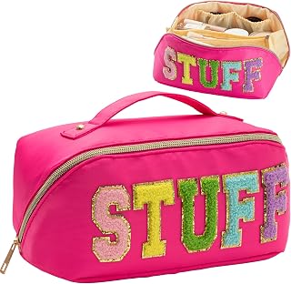 Preppy Makeup Bag, Nylon Alphabet Cosmetic Bag Chenille Letter Pouch Better Belt Large Capacity Travel Cosmetic Bag Wide Open Makeup Bag Letter Patch Lay Flat Makeup Bag
