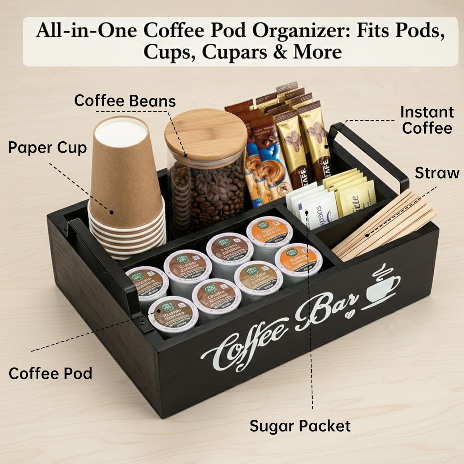 Wood Coffee Bar Organizer with Handle, Coffee Station for Countertop, Station Accessories for Decor, 4 Storage Accessories Tea Bag, Office, Study, Kitchen Accessories Organizer