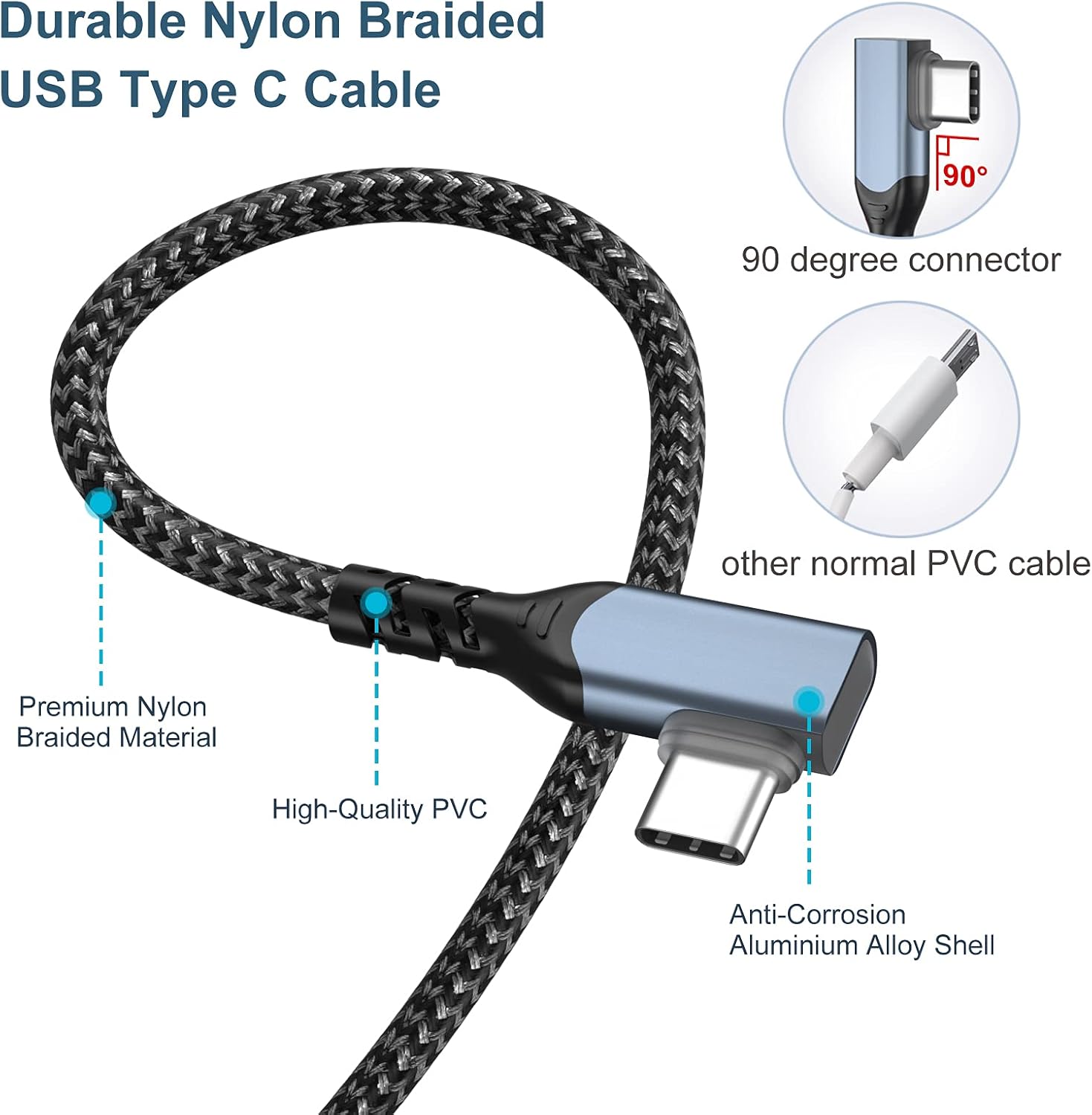 Super Brands USB Type C Cable 90 Degree Right Angle 10FT, OKRAY 2-Pack USB-A to USB-C Fast Charger Cable Long Nylon Braided High Speed Sync Cord Compatible for Samsung Galaxy S20/S10/S9, LG, Pixel (Black Black)