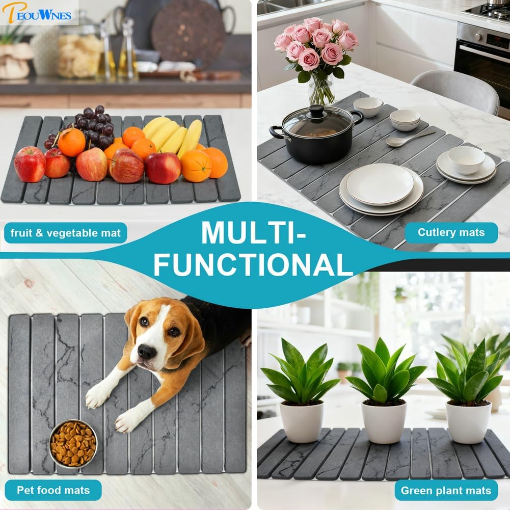 2 PCS Diatomaceous Stone Drying Mat for Kitchen Counter, Quick Dry Collapsible Stone Dishes Mats, Marbled Absorbent Bath Mat for Countertop Bottles Utensils Cups, Dark Gray 24"×16" & 8"x4"