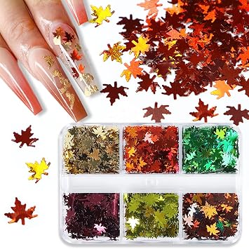 6 Grids 3D Fall Nail Art Stickers - Fall Glitter Maple Leaf Nail Decals - Autumn Nail Glitter Sequins - Holographic Laser Leaves Glitter Flakes Thanksgiving Nail Art Sticker Autumn Nail Art Decoration
