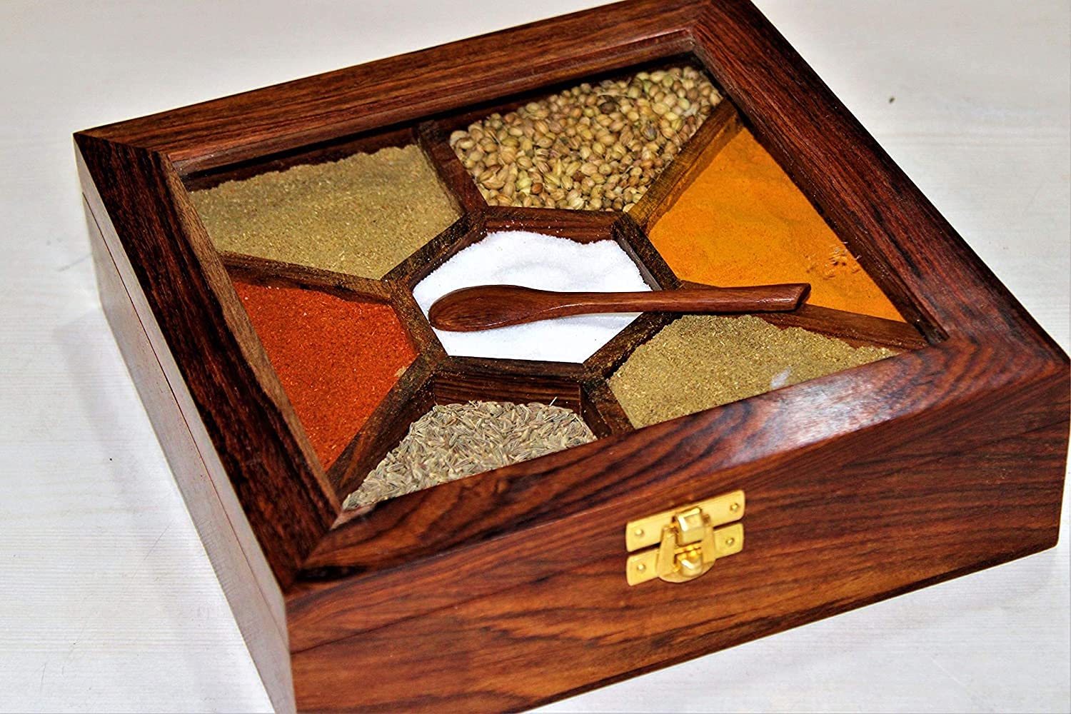 STAR CRAFT Wooden Spice Box Handcrafted Natural Rosewood With Golden Lock 7 Partition With Spoon Masala Box Masala Dani Masada Dabba (Size - 20X20X5.3 CM, Colour - Brown) (GOLDEN LOCK) (B0C142HSHG) Amazon Price History, Amazon Price Tracker