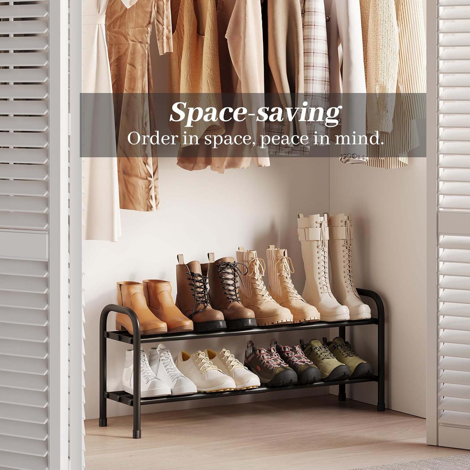 Expandable Shoe Rack, 2-Tier Metal Shoe Storage Shelf, Adjustable Shoes Organizer for Closet, Entryway and Small Space, Black