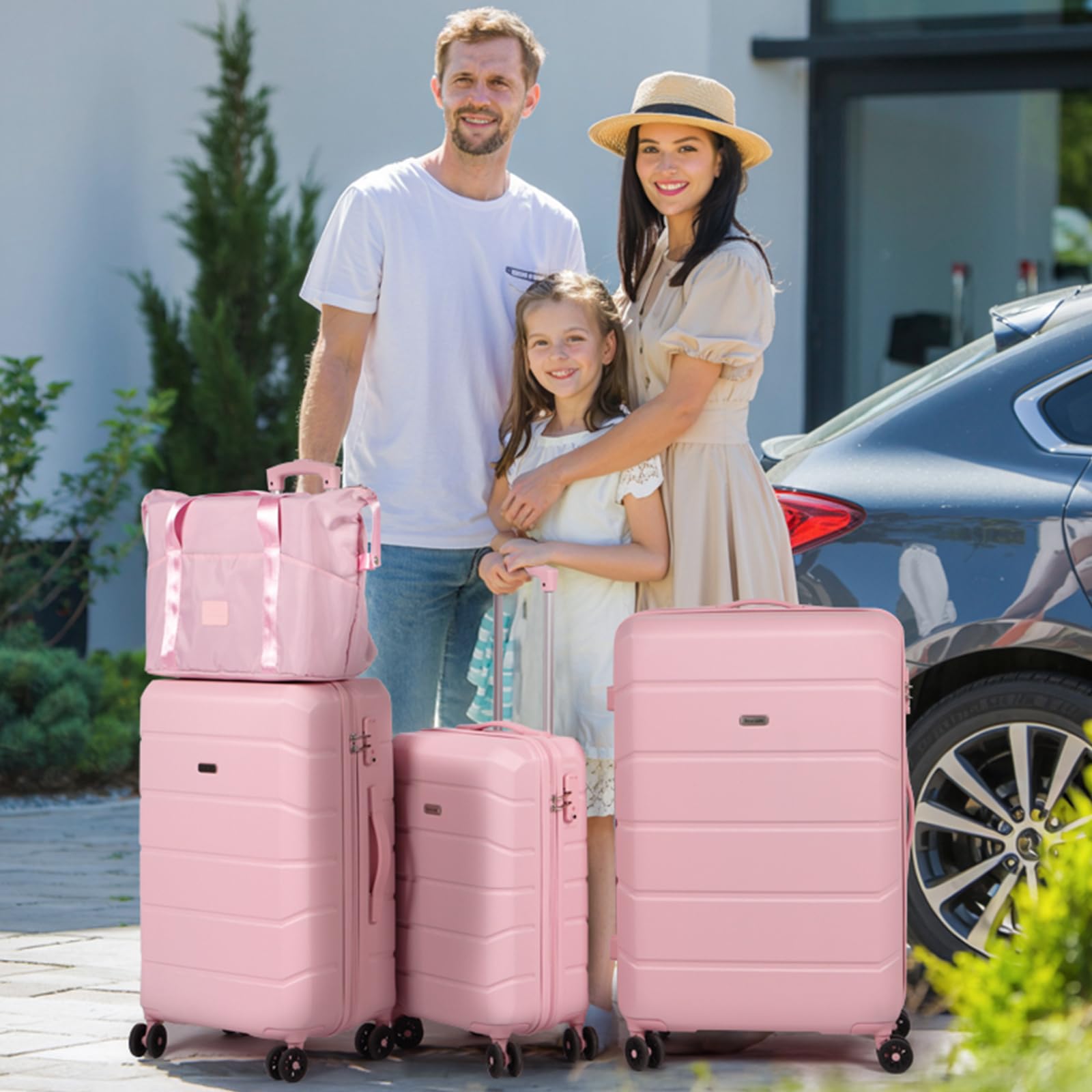 H.yeed 3-teiliges Kofferset, leichtes Trolley-Reisekofferset aus ABS-Hartschale mit 4 Spinner-Rädern und TSA-Schloss für Damen und Herren, 21"+ Reisetasche & Kulturbeutel, Rosa