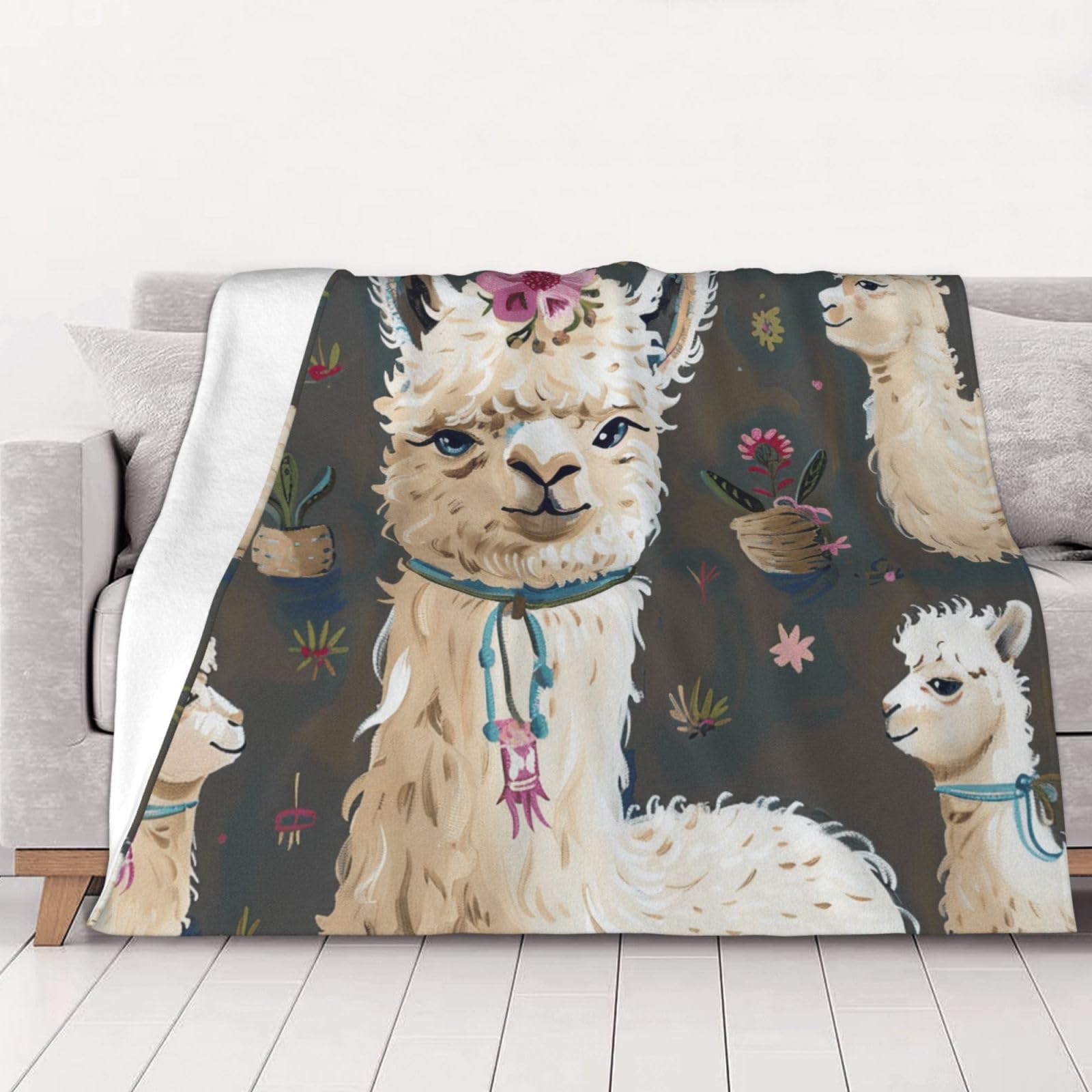AUBKFELD Alpaca Llama Printed Flannel Blanket 125x100 CM, Soft & Warm Throw Blanket for Sofa/Couch/Bed/Car, Gifts for Audlts Women Men