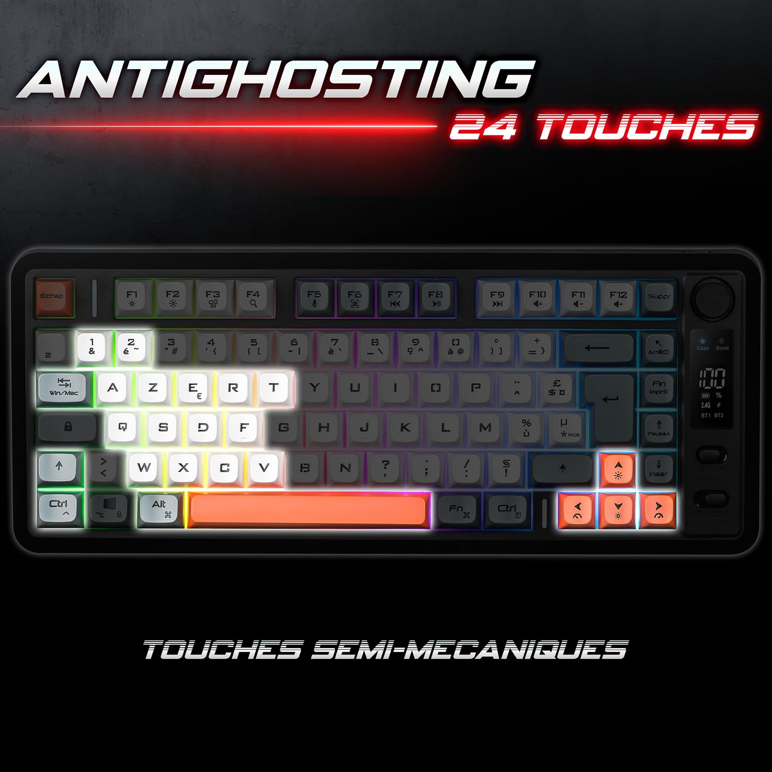 Spirit Of Gamer - Elite K30, Clavier Gamer TKL sans Fil AZERTY, Double Connexion Bluetooth & RF 2,4 GHz, Touches Semi-Mécanique Dont 24 Antighosting, RGB 6 Modes, Écran LCD, 190h Autonomie