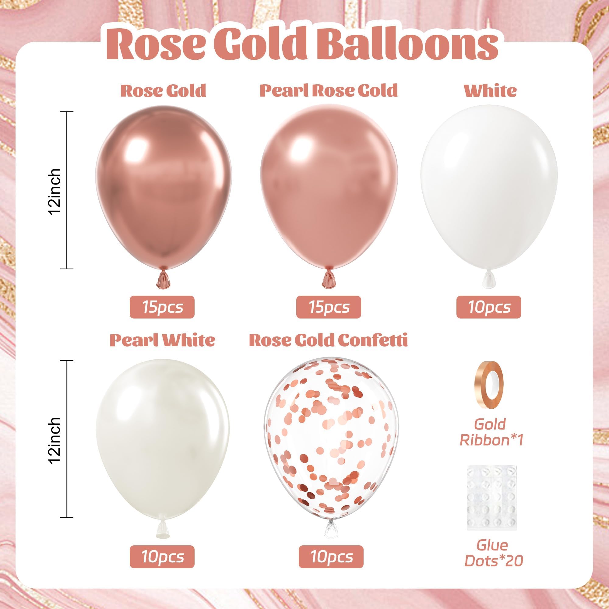 60pcs Rose Gold Balloons 12inch with Pearl White Rose Gold Confetti Balloons for Engagement Bridal Shower Wedding Birthday Party Decorations