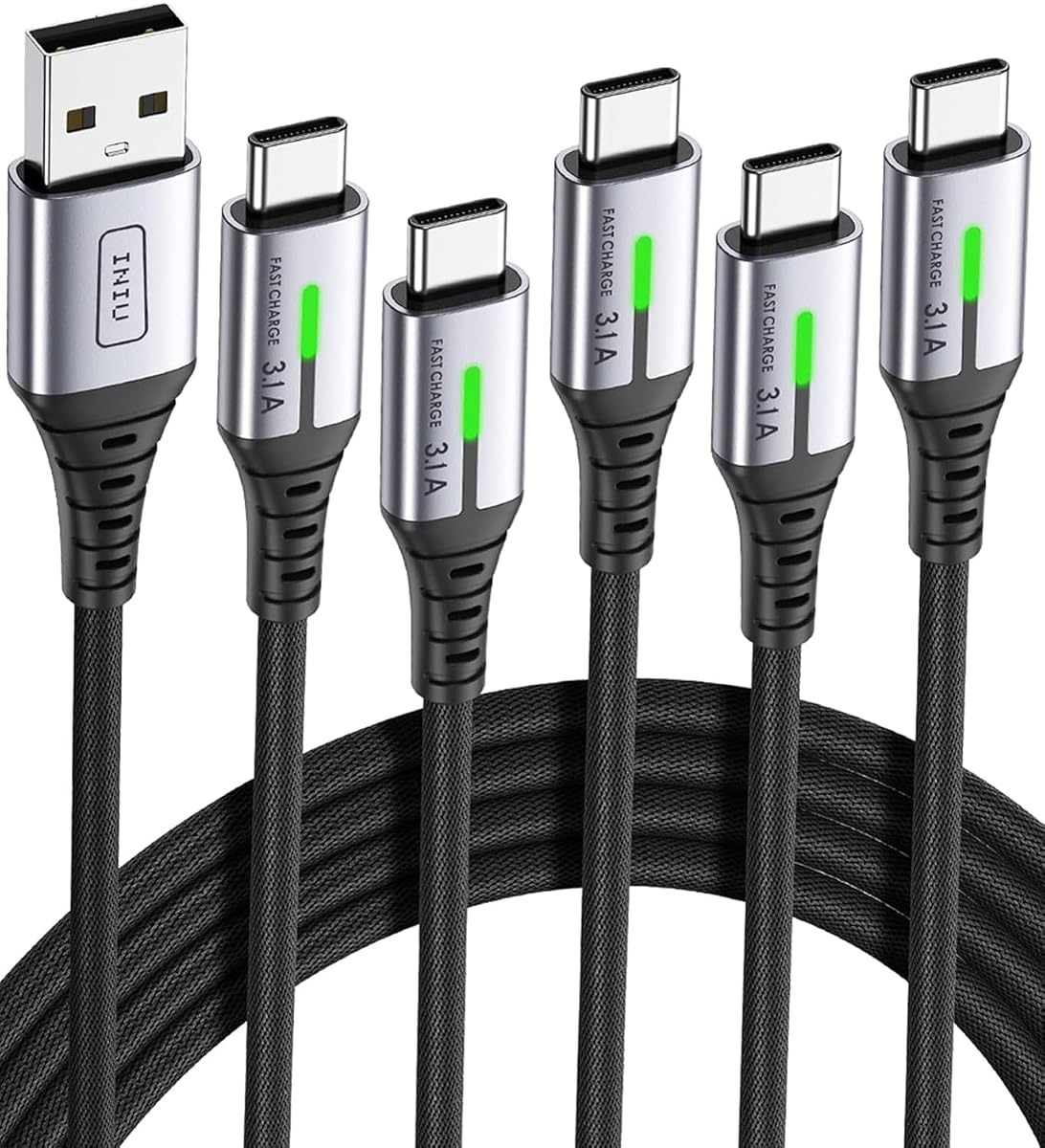 INIU Cable USB a C de carga rápida, [5 paquetes, 1.6 pies+3.3 pies2+6.6 pies2] 3.1A tipo C, cables de carga de teléfono USB-C de nailon para iPhone 16, Samsung S21, Google, niño, avión, negocios, coche