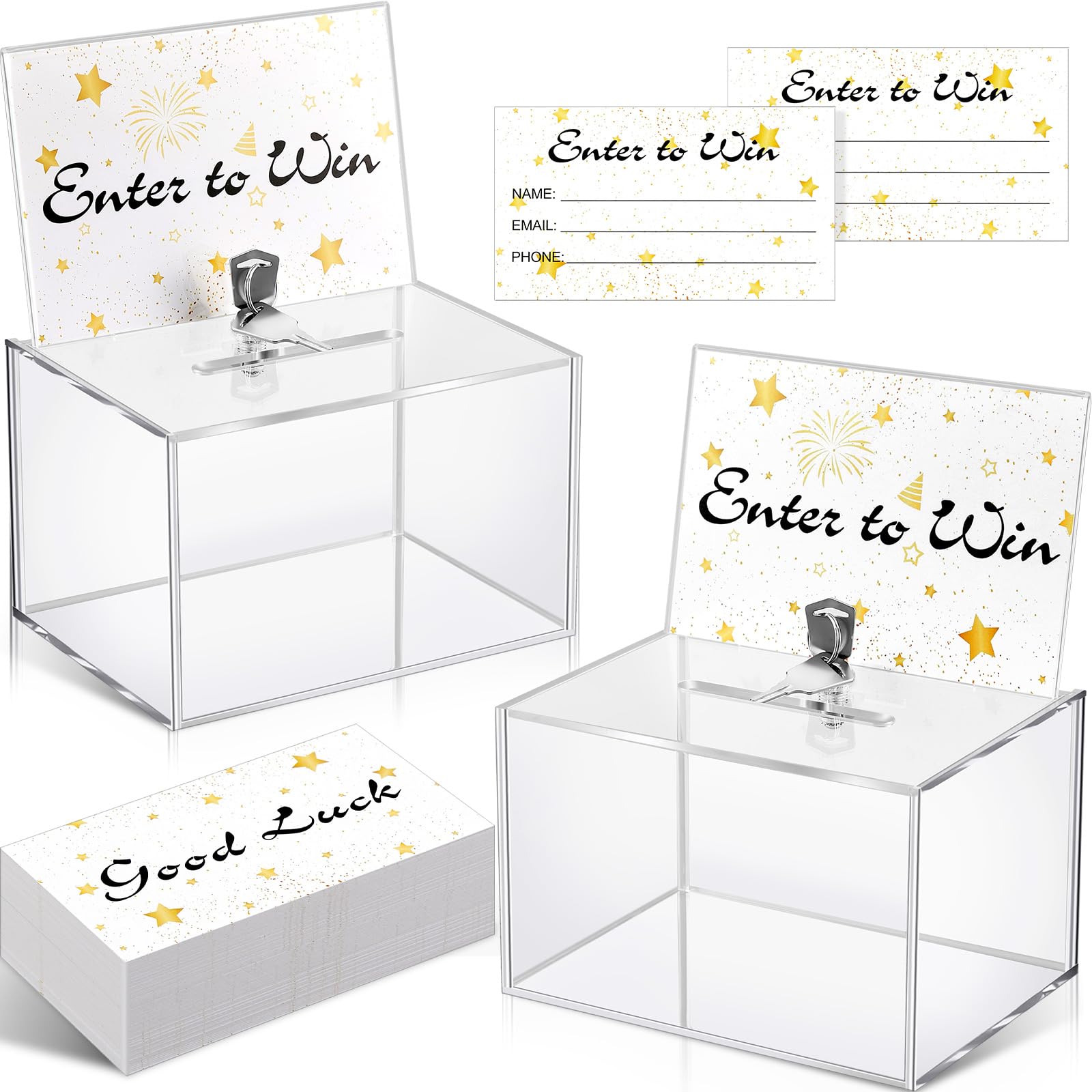 Beeveer 2 cajas de rifa acrílicas con cerradura, 400 unidades, tarjetas de rifa, caja de boletos de rifa con soporte para letreros, caja de sugerencia con ranura, caja de donación transparente, caja