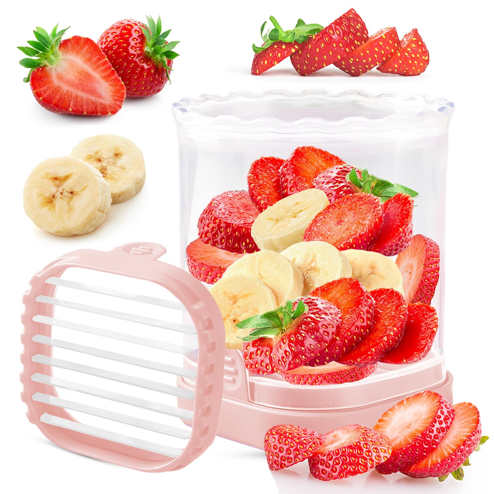 COKSDUPID Fruit Slicer Cup | Strawberry, Grape, Banana, Kiwi, Mushroom, Egg Slicer | Detachable 8-Blade Stainless Steel Blade | Pink ABS Body with Push Plate | Dishwasher Safe