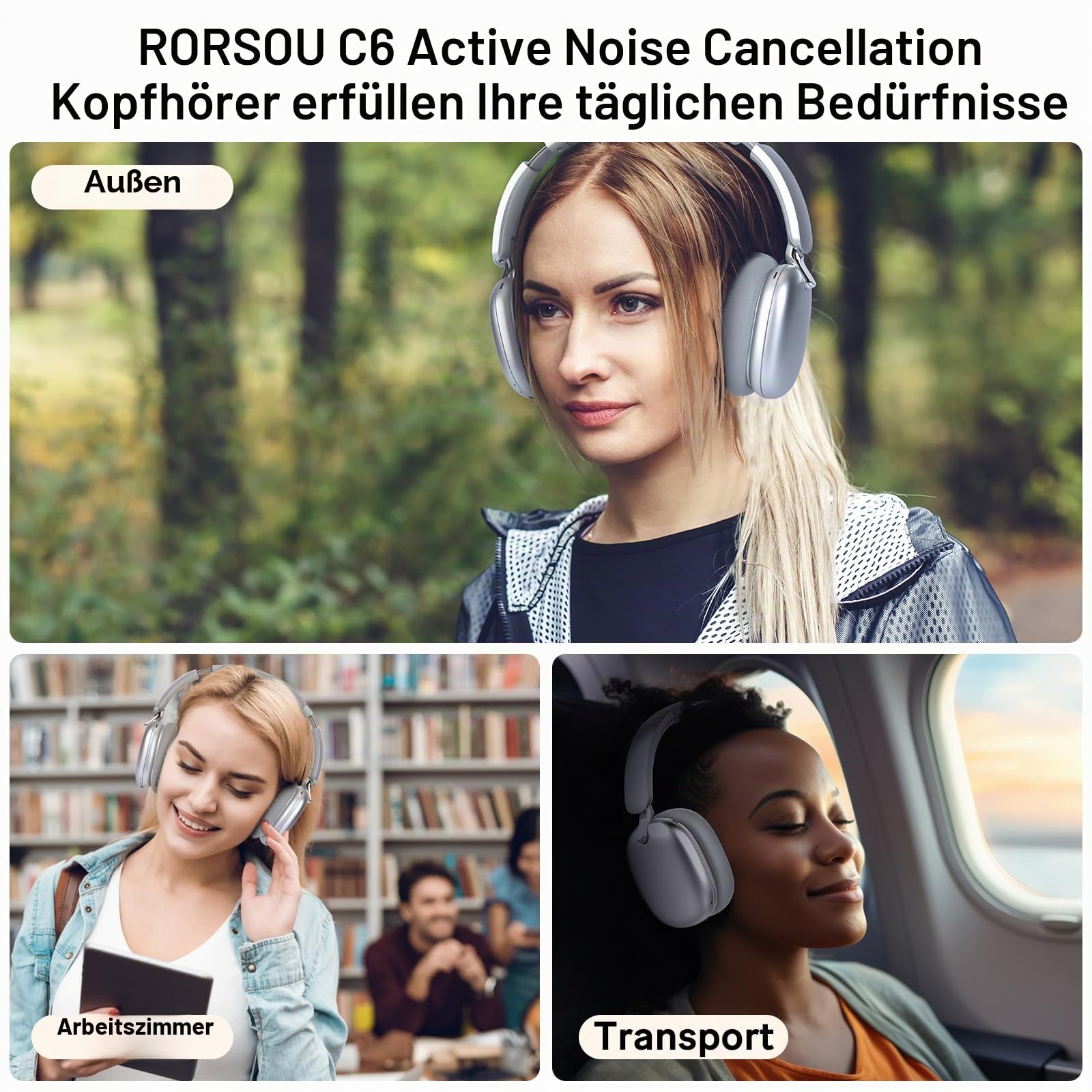 C6 Aktive Noise-Cancelling-Kopfhörer, Drahtlose Over-Ear Bluetooth-Kopfhörer, 60 Stunden Spielzeit, Leichtgewicht Faltbare Deep Bass Komfort-Ohrpolster Headset mit Mikrofon für iPad/PC Silber