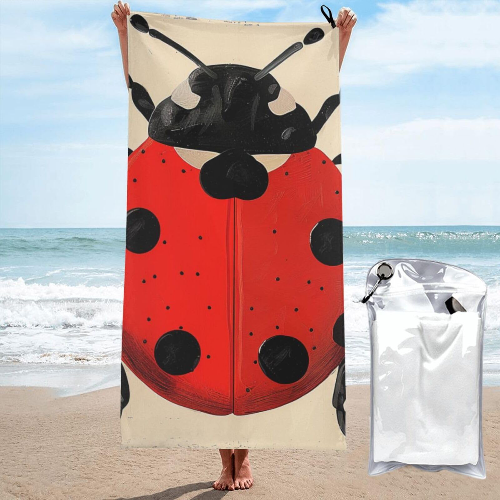 kkvhhyuo Microfiber Beach Towel, Ladybug Printed Lightweight Quick Dry Travel Bath Sheet with Compact Carry Bag for Swimming Yoga Camping Gym,31.5"x63"