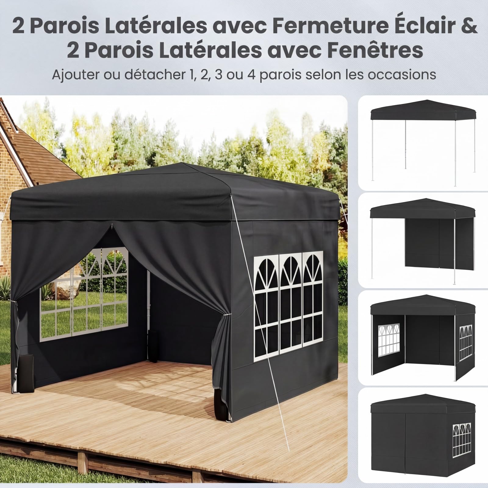 COSTWAY Tonnelle Pliante 3x3 Imperméable, Tonnelle de Jardin Exterieur avec 4 Parois Amovibles, Sac à roulettes&Fenêtres Transparentes, Barnum Réglable en Hauteur pour Camping, Fêtes, Stand (Noir)