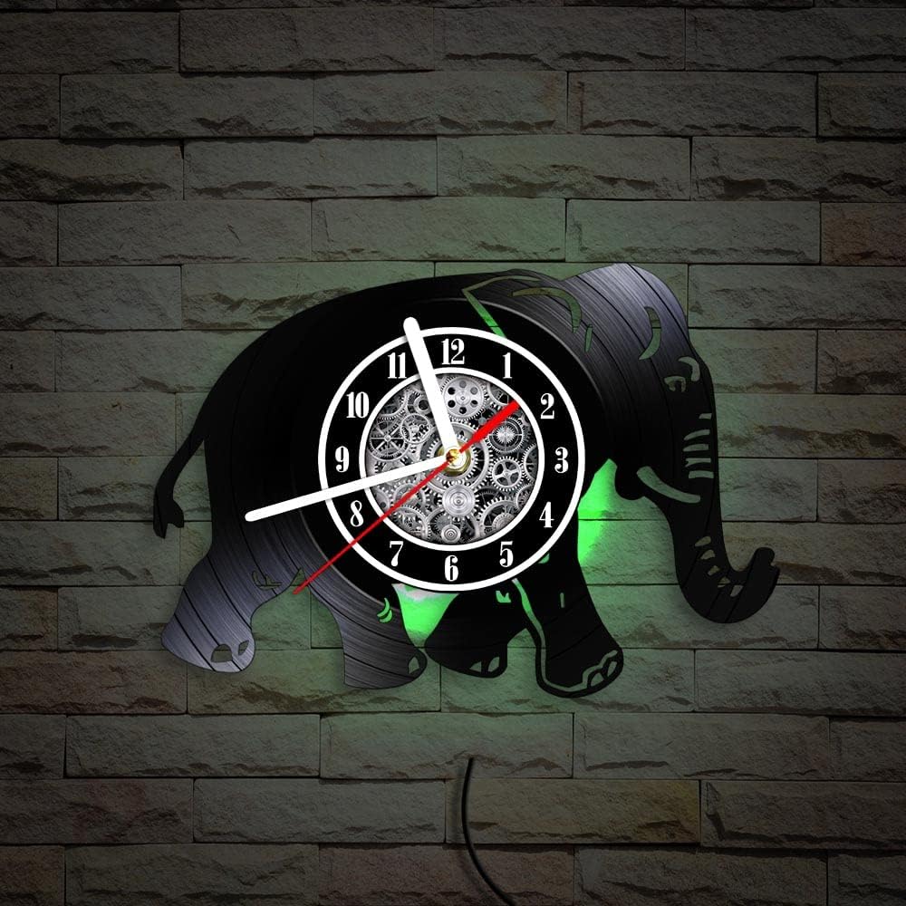 The Geeky Days Elephant Silhouette Shadow LED Silent Vinyl Record Wall Clock 7 Color Light, Africa Animal Modern Luminous Hanging Watch Nursery Bedroom Decor